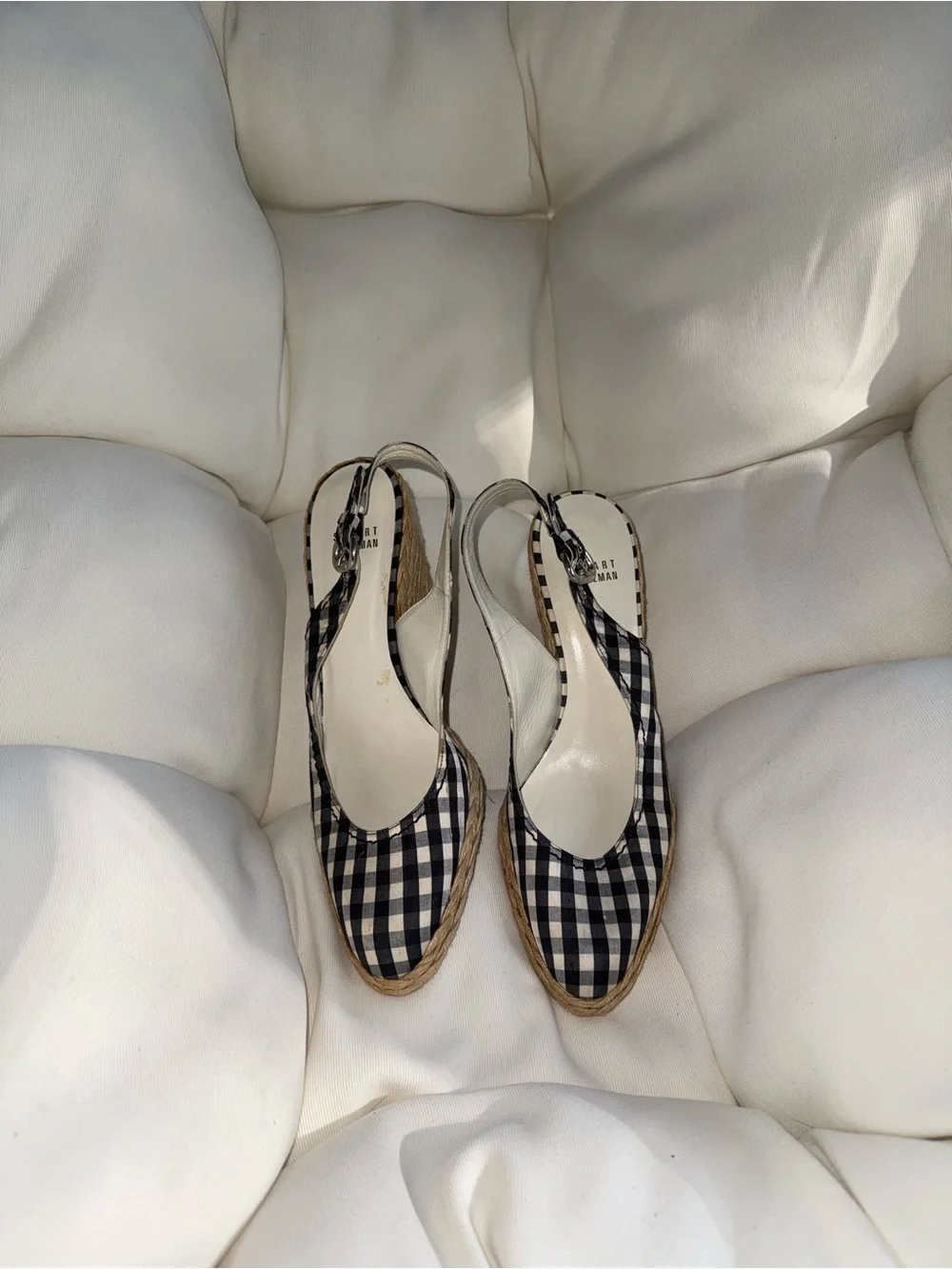 Stuart Weitzman Black & White Gingham Espadrille Wedge Slingbacks - Picture 2 of 7